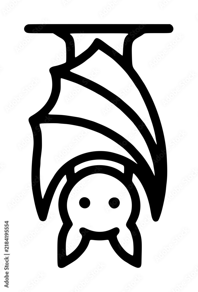 Fototapeta premium Cute Bat Hanging Upside Down Perched on Tree Branch Hand Drawn Vector Icon Illustration Simple Black White Line Art - professional high resolution commercial stock detailed commercial stock imagery