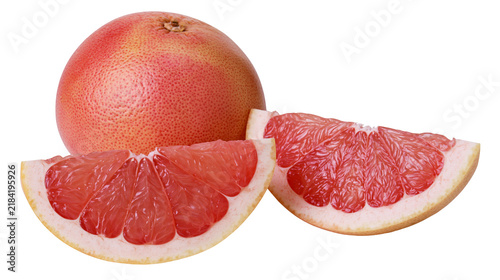 Isolated fresh pink grapefruit with vibrant juicy slices cut from the whole citrus fruit