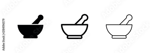 Foto Mortar and Pestle Icon Set for Pharmacy Medicine and Spice Grinding