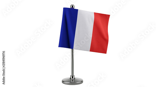 Isolated French desk flag, national symbol of France standing tall on a metallic base