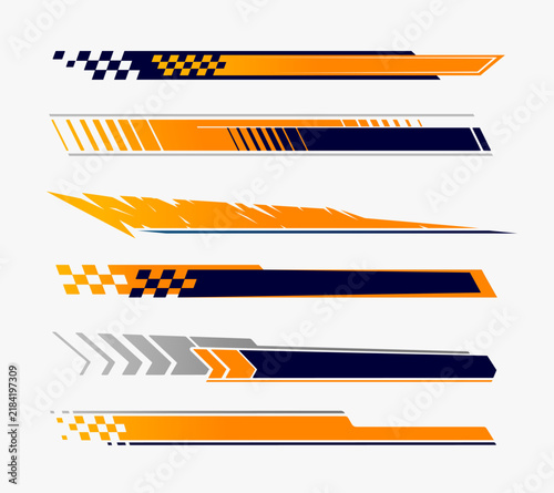 Racing stripe vector set for sports car livery and vehicle wraps. Editable decal designs in orange and black colors scheme for automotive branding, tuning graphics and performance styling
