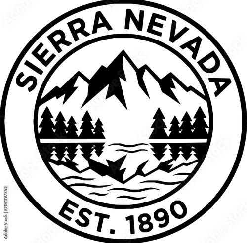 Sierra Nevada mountain emblem featuring stylized forest pine trees and reflective lake water circular vector graphic
