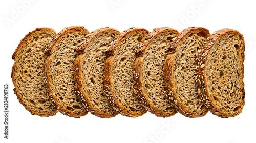 Foto Multigrain rustic bread slices arranged in a horizontal row captured with studio