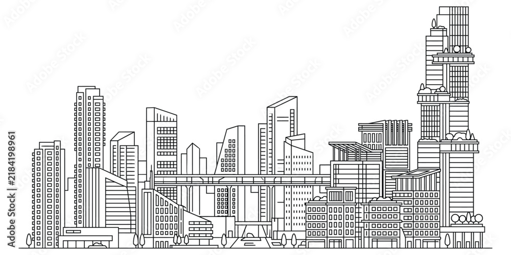 Fototapeta premium A detailed black and white line drawing illustration of a modern industrial factory complex with tall towers and pipes