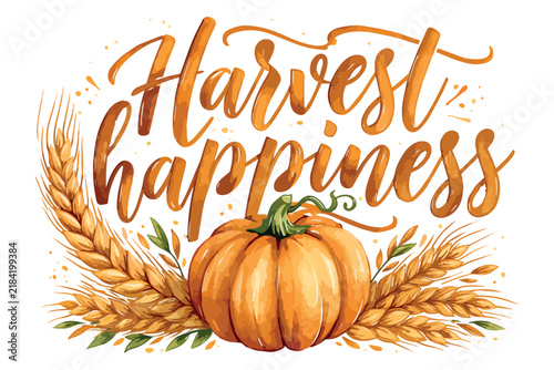 Golden pumpkin rests beside wheat stalks