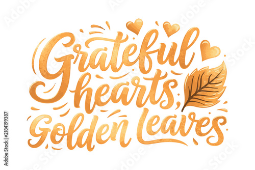 Golden leaves frame handwritten phrase Grateful hearts