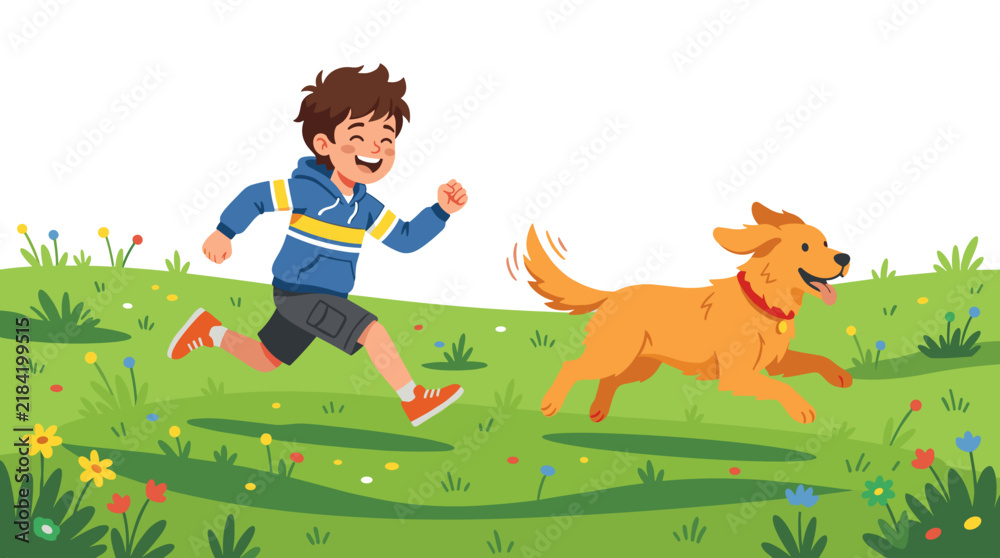 Fototapeta premium Happy boy and dog running together in a sunny meadow with flowers