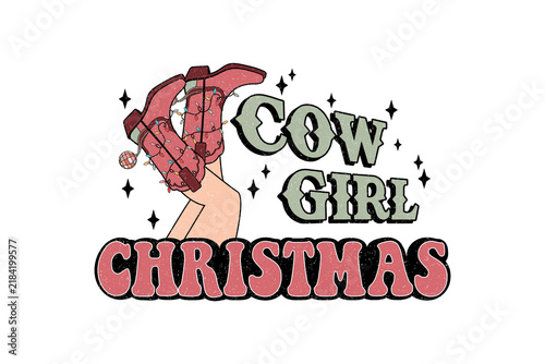 Vintage Cowgirl Christmas Illustration Featuring Festive Boots Wrapped in Holiday Lights for Sublimation Design