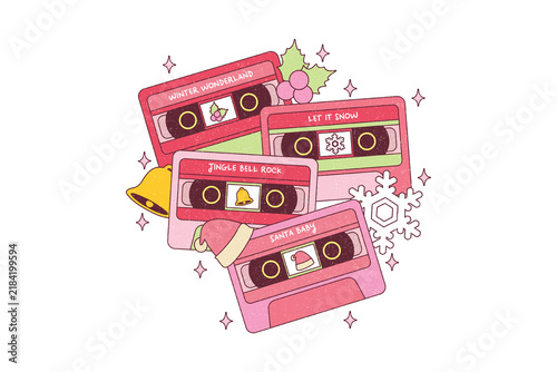 Retro Christmas Cassette Tapes with Festive Holiday Songs and Decorative Winter Elements Sublimation Design