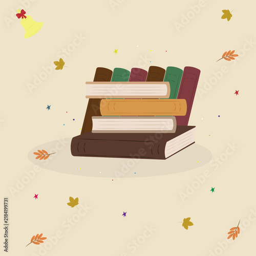Back to school. Autumn leaves, stars, dots, books. School set.