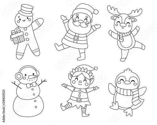 Christmas coloring page set with cute characters for kids isolated on white background. Black line art set featuring santa, reindeer, snowman, gingerbread man, elf, and penguin