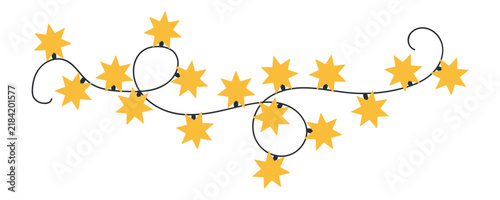 Tangled yellow star string lights isolated on white background. Festive fairy star garland for christmas background and holiday decoration