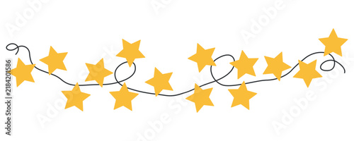 Classic yellow star garland isolated on white background. Golden five point star string lights border for festive christmas design.