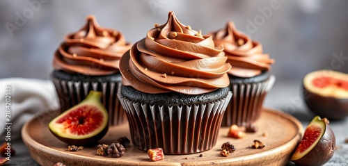 Decadent vegan chocolate fig cupcakes topped with rich vegan chocolate Irish cream frosting, gourmet, chocolate