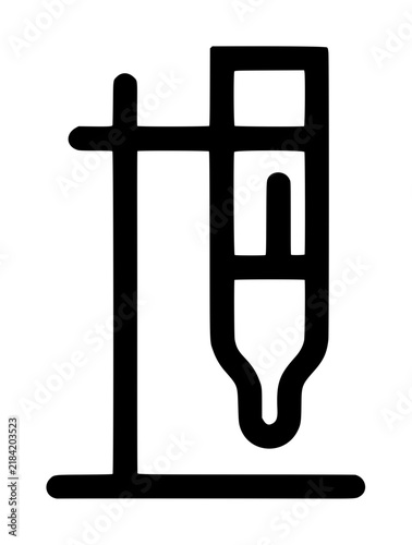 Scientific Burette Stand Vector Icon - Hand-drawn black outline illustration of laboratory chemistry equipment, retort stand with clamp holding glass burette for precise liquid measurement and