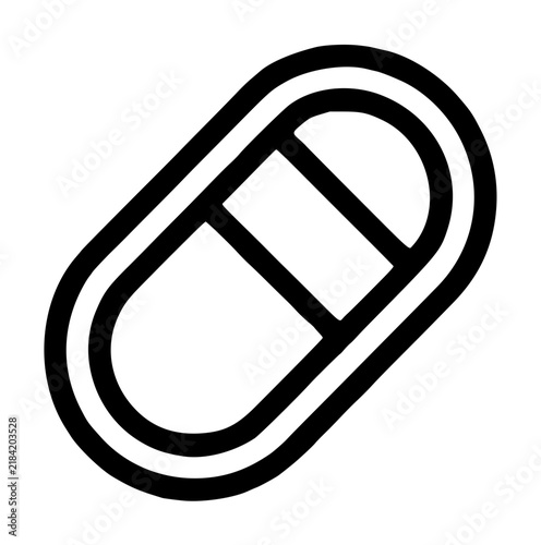 Hand-Drawn Capsule Pill Medicine Icon in Black and White - Simple Vector Illustration for Healthcare, Pharmacy, and Medical Applications - Clean Minimalist Line Art Design - Isolated on White