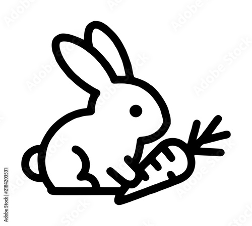 Cute Minimalist Black and White Line Art Vector Illustration of an Adorable Bunny Rabbit Holding a Fresh Carrot, Simple Outline Icon Perfect for Easter, Spring, Farm and Pet-Themed Design Projects