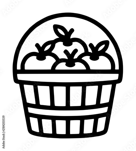Bushel Basket Filled with Fresh Apples Hand-Drawn Vector Icon Illustration with Woven Basket Detail Black and White Line Art Design for Harvest and Autumn Themed Graphics