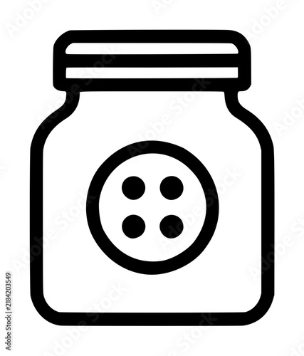 Minimalist black line art vector icon of a glass jar displaying a large four-hole sewing button, simple outline illustration for craft storage, haberdashery, sewing kit and DIY tailoring concept
