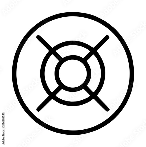 Minimalist black and white line vector icon illustration of concentric target circles with diagonal cross lines inside a thick outer ring symbolizing prohibition, restriction and no aim concept