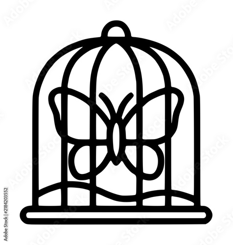 Butterfly Habitat Cage Vector Icon Simple Black and White Line Art Outline Illustration of a Captive Butterfly Inside a Decorative Dome Birdcage for Nature Conservation and Wildlife Design
