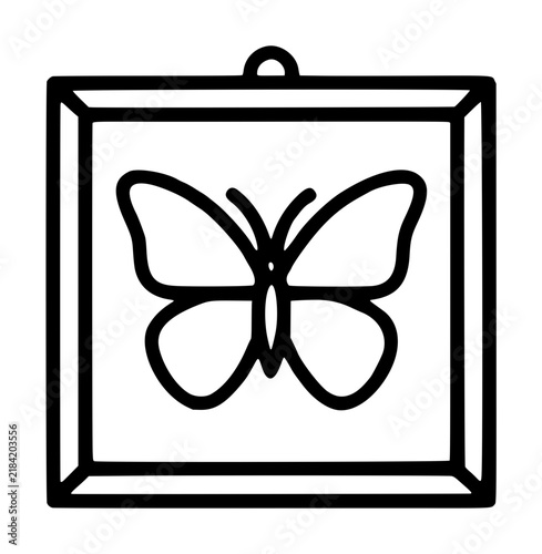 Butterfly specimen framed icon vector illustration, minimalist black line art design on white background, nature decorative element, entomology collection display, symmetrical insect artwork