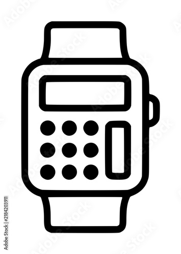 Calculator watch vector icon in clean minimalist black and white illustration, featuring digital LCD display screen, numeric keypad buttons, and adjustable wristband strap design