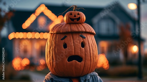 A pumpkin with a big smile on an American street.