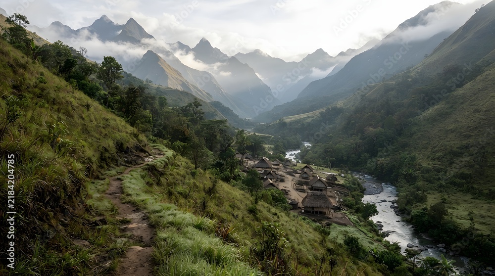Obraz premium Scenic mountain valley hiking trail. Photo of a dirt path along a lush green hillside overlooking a remote village, a winding river, and majestic peaks covered in morning mist and clouds.