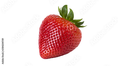 Obraz na płótnie Isolated fresh ripe red strawberry with green leaves and stem, sweet and juicy s