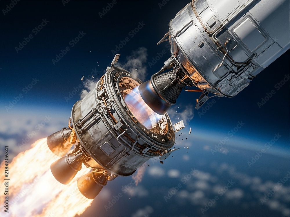 Fototapeta premium Rocket stage separation in outer space above planet Earth. Spacecraft booster detaching with engine fire and exhaust during orbital flight mission