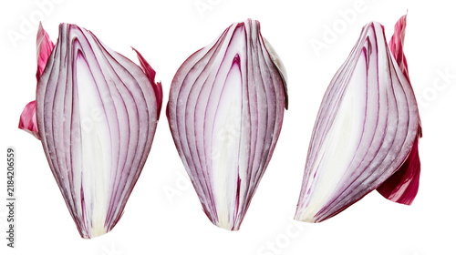 Isolated fresh vibrant red onion halves sliced lengthwise revealing natural layers and rich texture