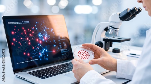 Scientist conducting advanced digital research using a laptop with data visualization and a petri dish in a professional laboratory