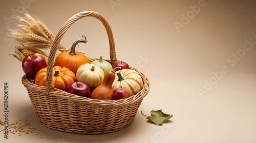 Autumn harvest basket filled with pumpkins, apples, and wheat on a beige background