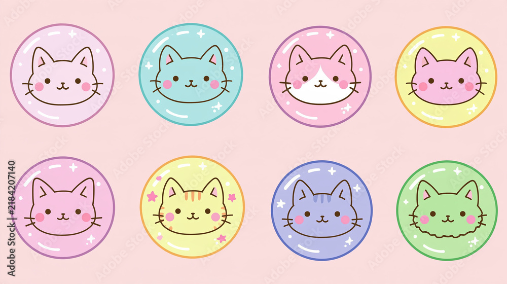 Obraz premium set of cat illustrations, background, kawaii cat illustration featuring cats