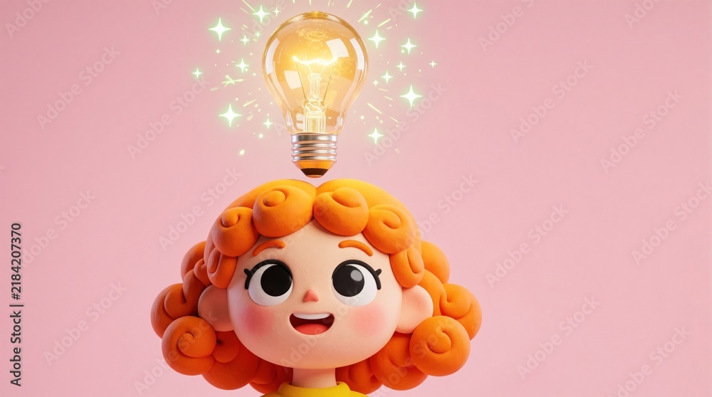 Fototapeta premium Cute cartoon child gets bright idea with light bulb above head. Cheerful character on pink background shines with inspiration and innovation for new concepts and solutions.