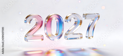 2027 New Year 3D glass numbers with iridescent rainbow reflections, floating on white background