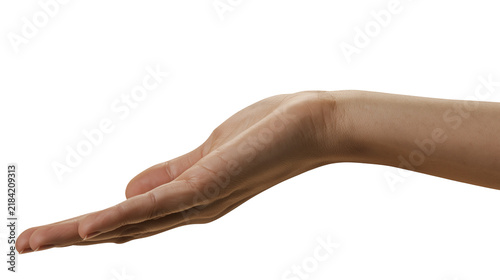 Cuadro en lienzo Isolated open female hand, palm facing upwards, ready to hold, offer, or accept