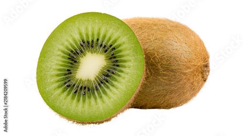 фотографія Isolated fresh whole and sliced kiwi fruit revealing vibrant green pulp and seed