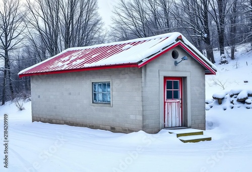 Snowy cement outbuilding, red roof, winter scene, roof, landscape