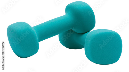 Fotografie Isolated pair of teal dumbbells for home fitness, strength training, and healthy
