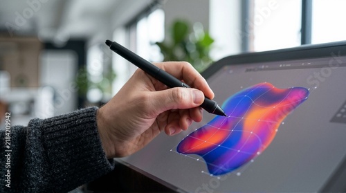 Digital artist editing a vibrant vector shape with a gradient mesh tool. Close up of hand holding stylus on graphic tablet screen. Creative design workflow