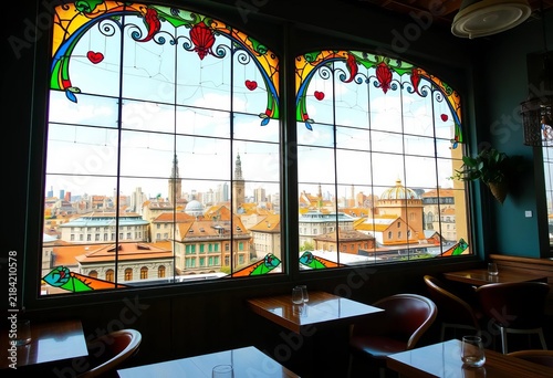 Vibrant cafe interior, stained glass window showcasing cityscape, yellow, restaurant