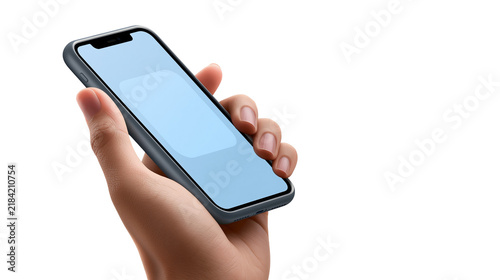 Fotografía Isolated hand holding dark gray modern smartphone with a blank light blue screen to showcase app