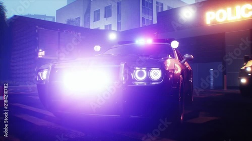 Police Car with Flashing Lights Near Police Department Building. Realistic 4k animation.