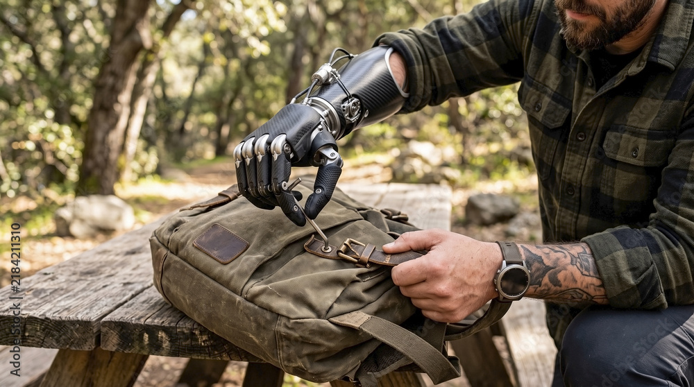 Fototapeta premium Man outdoors uses prosthetic limb to adjust canvas backpack on wooden table. Modern prosthetic limb features bionic technology for outdoor activity. Concept of prosthetic limb for active inclusion.