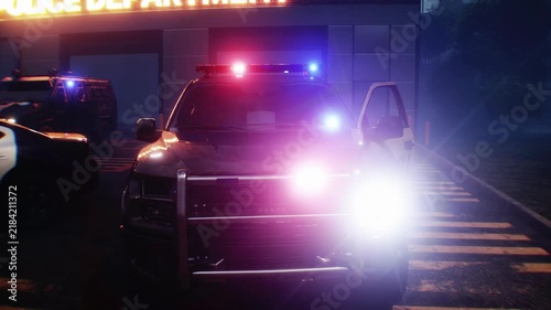 Police Car with Flashing Lights Near Police Department Building. Realistic 4k animation.