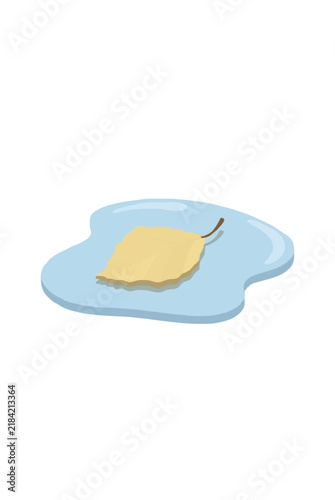 Minimalist flat vector icon of a tiny water puddle reflecting a pale yellow beech leaf, autumn nature illustration, single fallen leaf floating on rain puddle, simple clean design