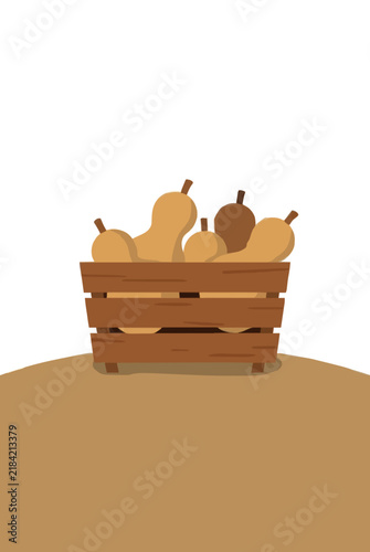 Hand-drawn Vector Icon of Wooden Crate Filled with Autumn Gourds and Squash Resting on a Rolling Windy Hill - Flat Illustration for Harvest Festival, Thanksgiving Decor, Farm Fresh Produce Design