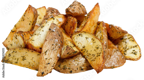 Fotografie Isolated pile of delicious seasoned garlic herb roasted potato wedges for appeti
